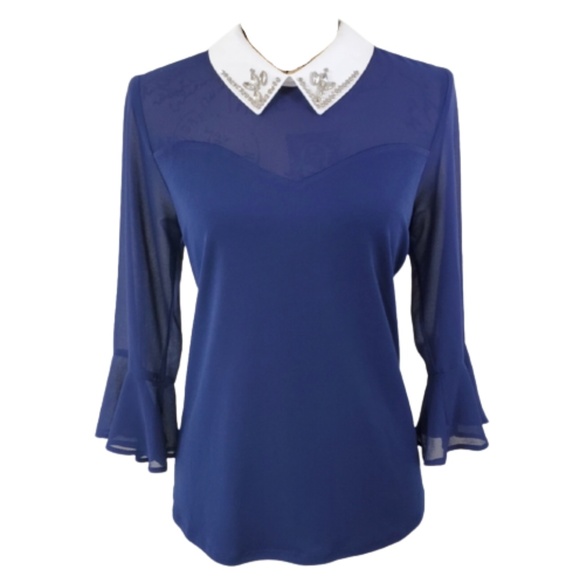 Faith and Joy Jewel Collared Bell Sleeve Blouse - Picture 1 of 13
